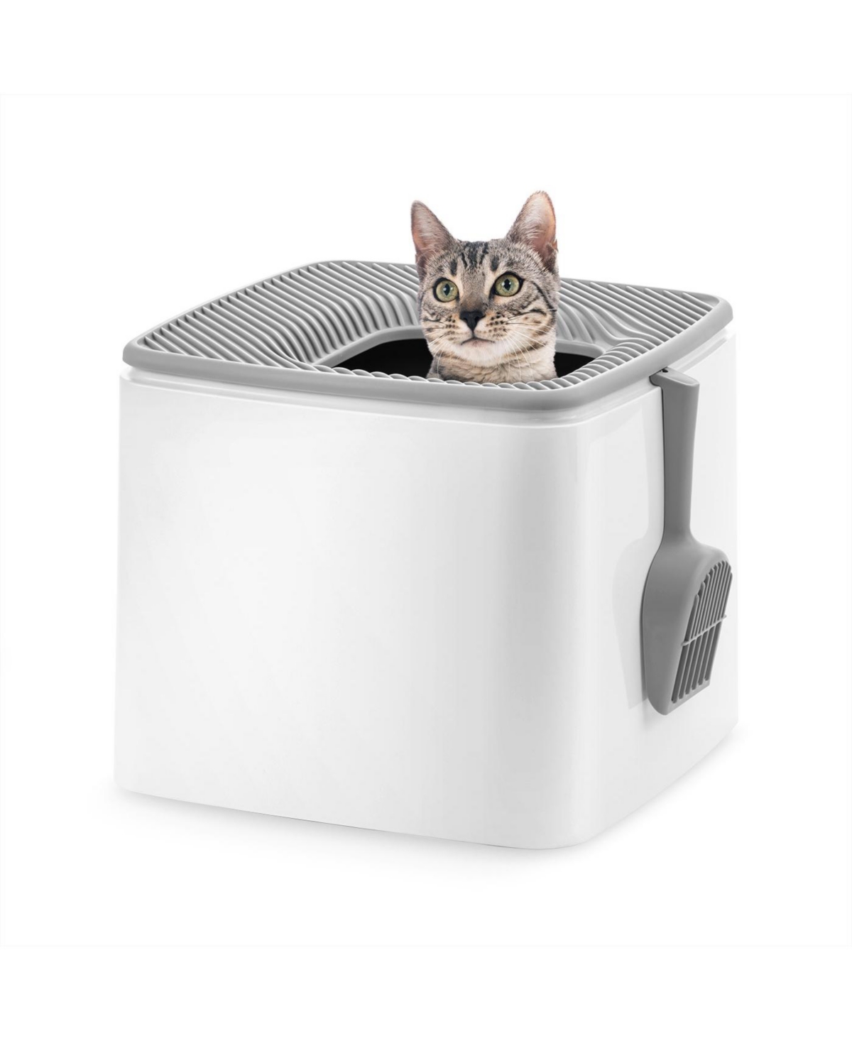 Premium Top Entry Cat Litter Box Litter Particle Catching Cover and Privacy Walls with Scoop, White - White