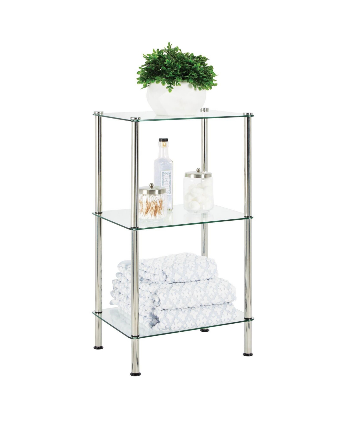 Metal/Glass 3-Tier Storage Tower with Open Glass Shelves - Chrome/Clear - Chrome/clear