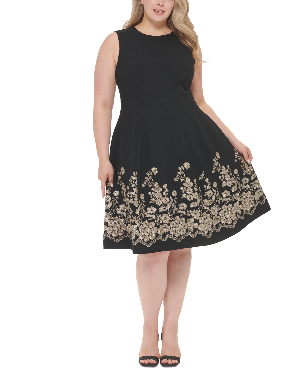 Calvin Klein Petites Womens Embroidered Mini Fit & Flare Dress In Black Gold  | ModeSens