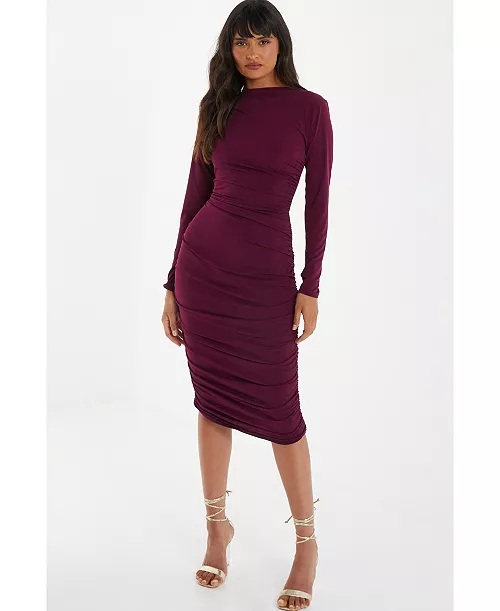 women's high neck long sleeve midi dress