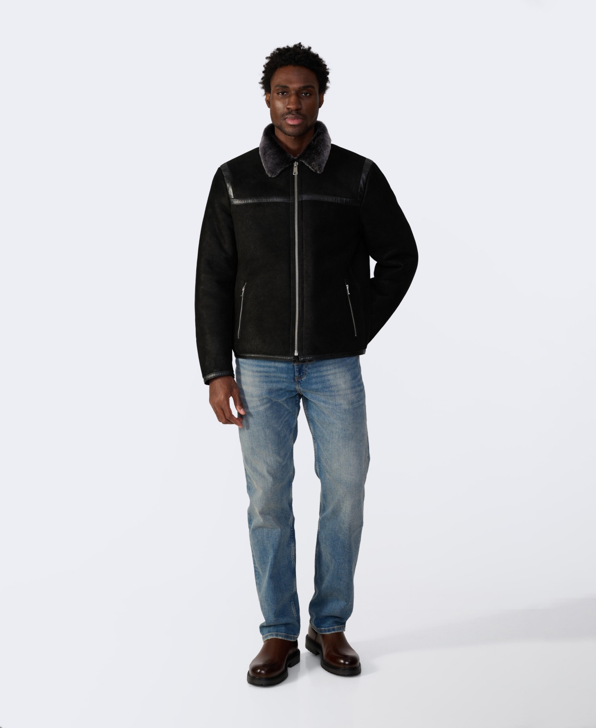 Furniq Uk Men's Leather Banded Sheepskin Casual Jacket, Washedwith Brisa Wool - Black