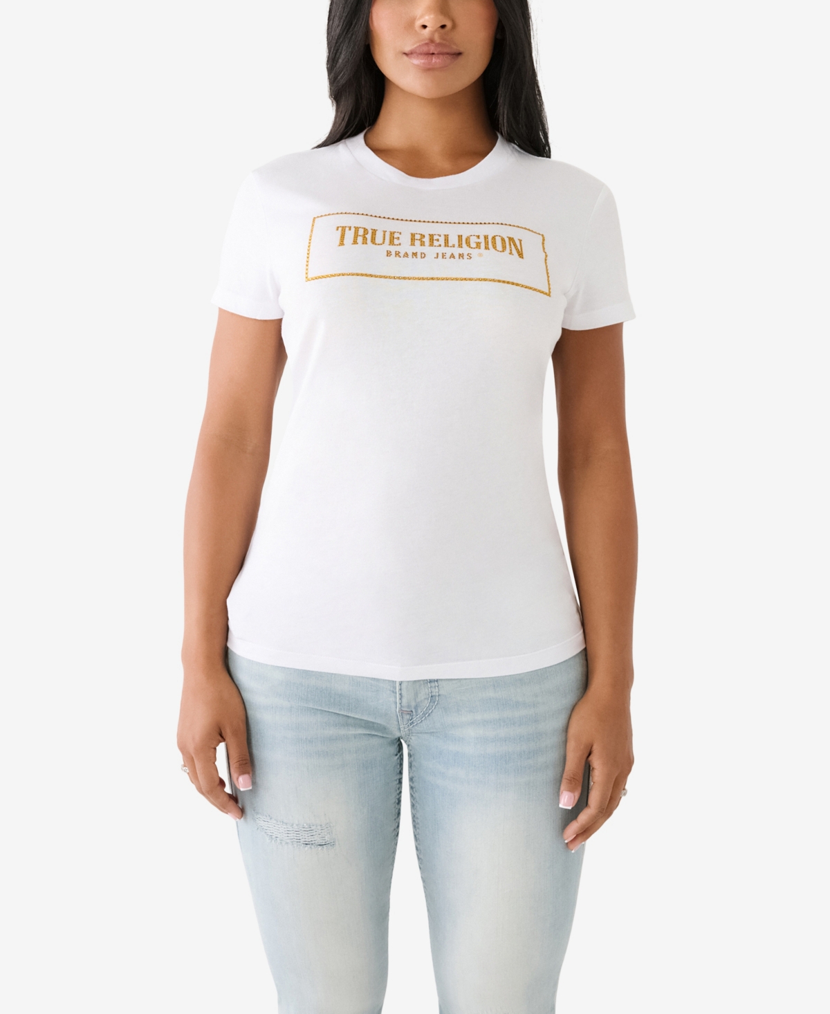 True Religion Women's Short Sleeve Crystal Box Arch Logo T-shirt In Optic White
