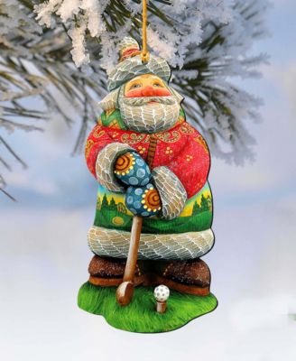 Golfer Santa Christmas Wooden Ornaments Holiday Decor Set of 2 G. DeBrekht