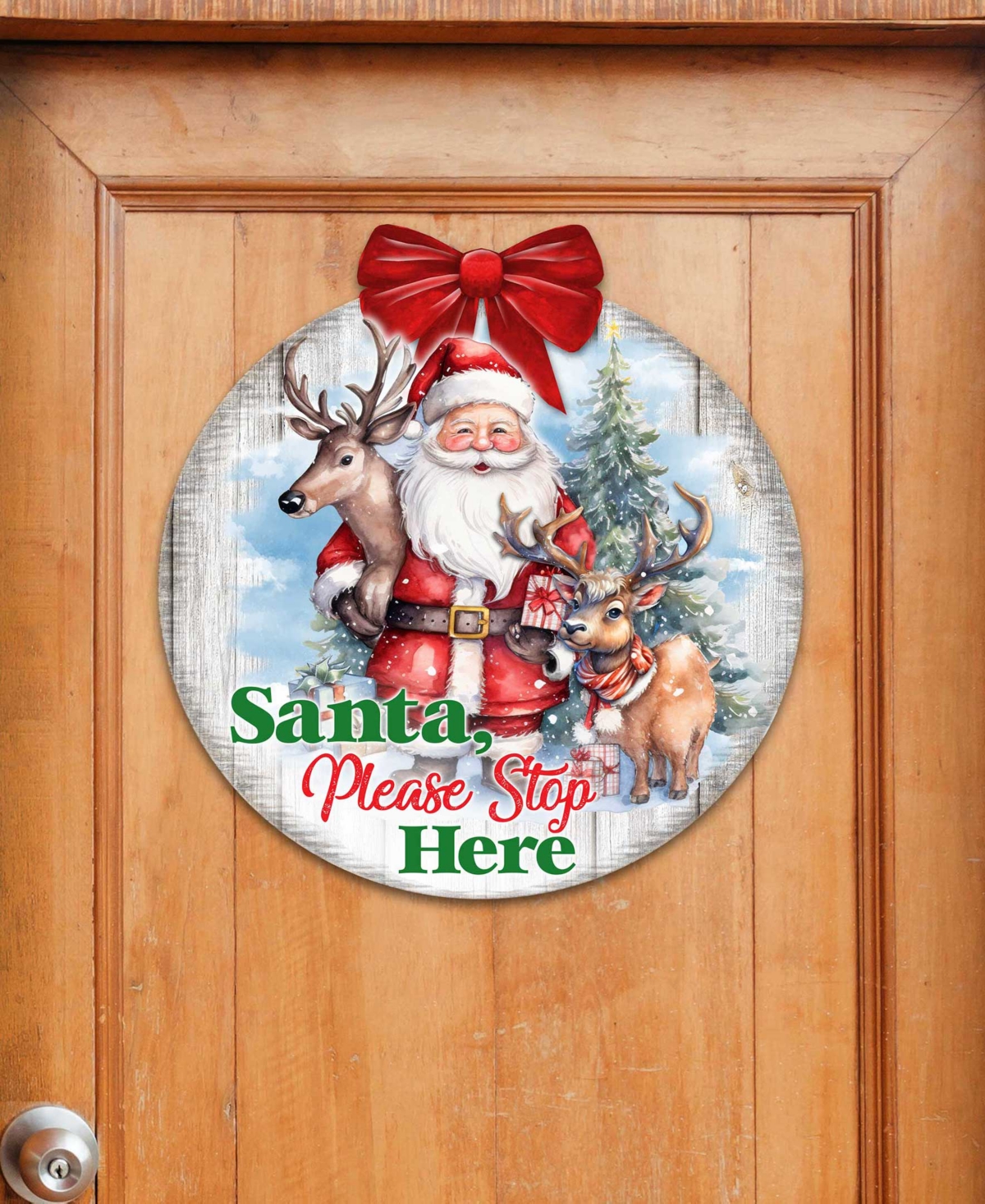 Shop Designocracy Santa Please Stop Here Sign Christmas Door Decor Wood Welcome Sign G. Debrekht In Multi Color