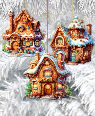 Fairy Tale Houses Christmas Wooden Ornaments Holiday Decor Set of 3 G. DeBrekht