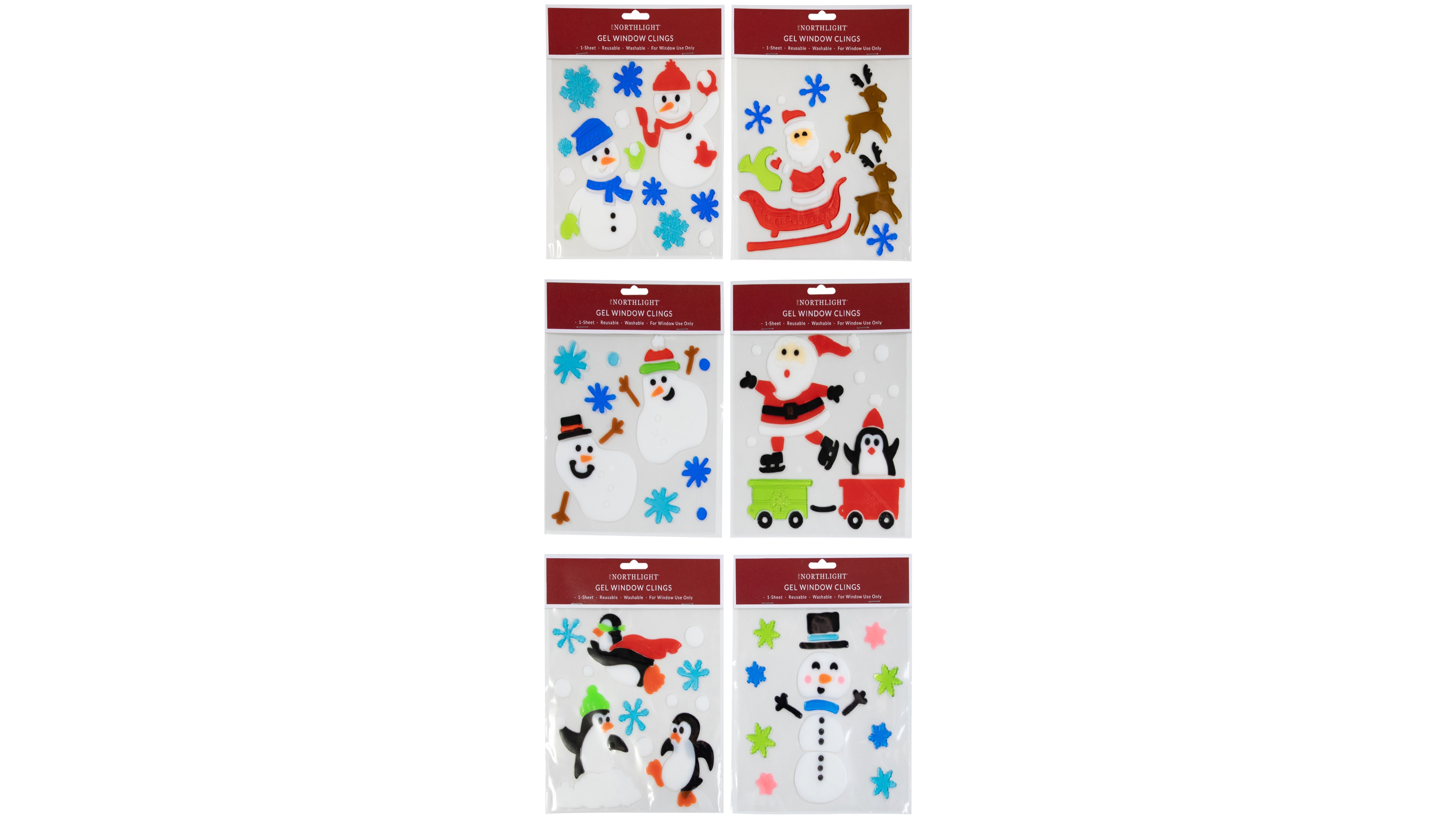 Northlight Double Sided Christmas Gel Window Clings, Set of 6
