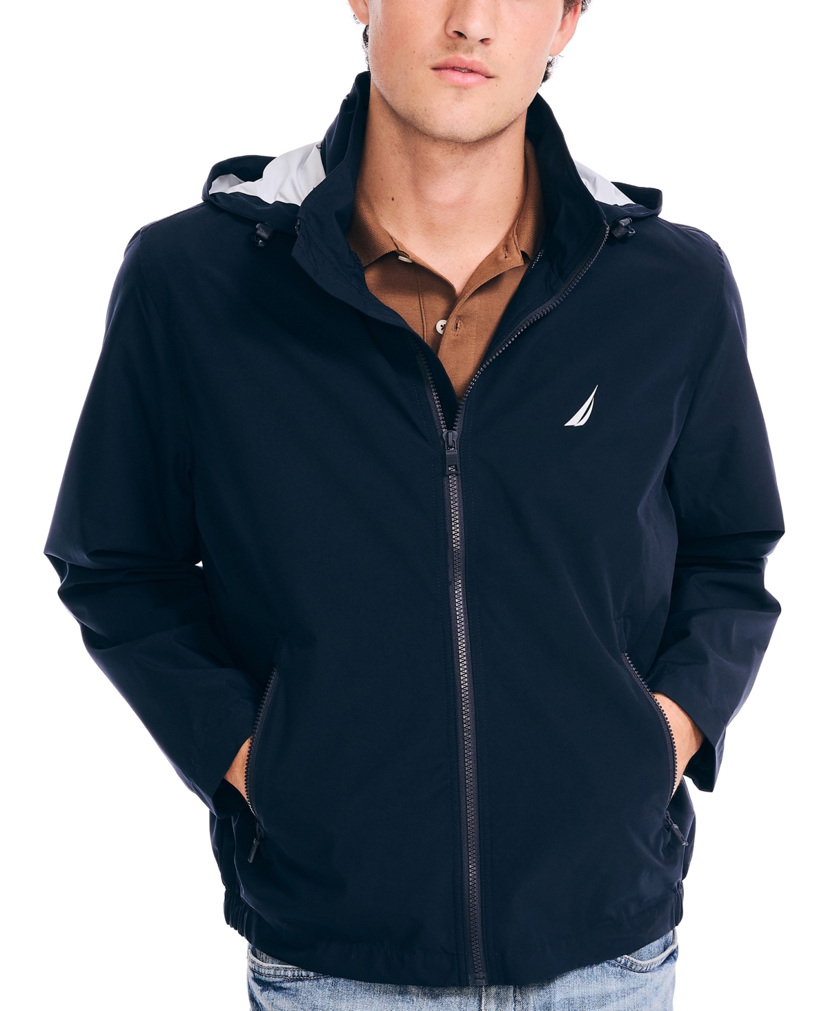 Shop Nautica Men's Classic Rainbreaker Hooded Zip-front Lightweight Jacket In True Black