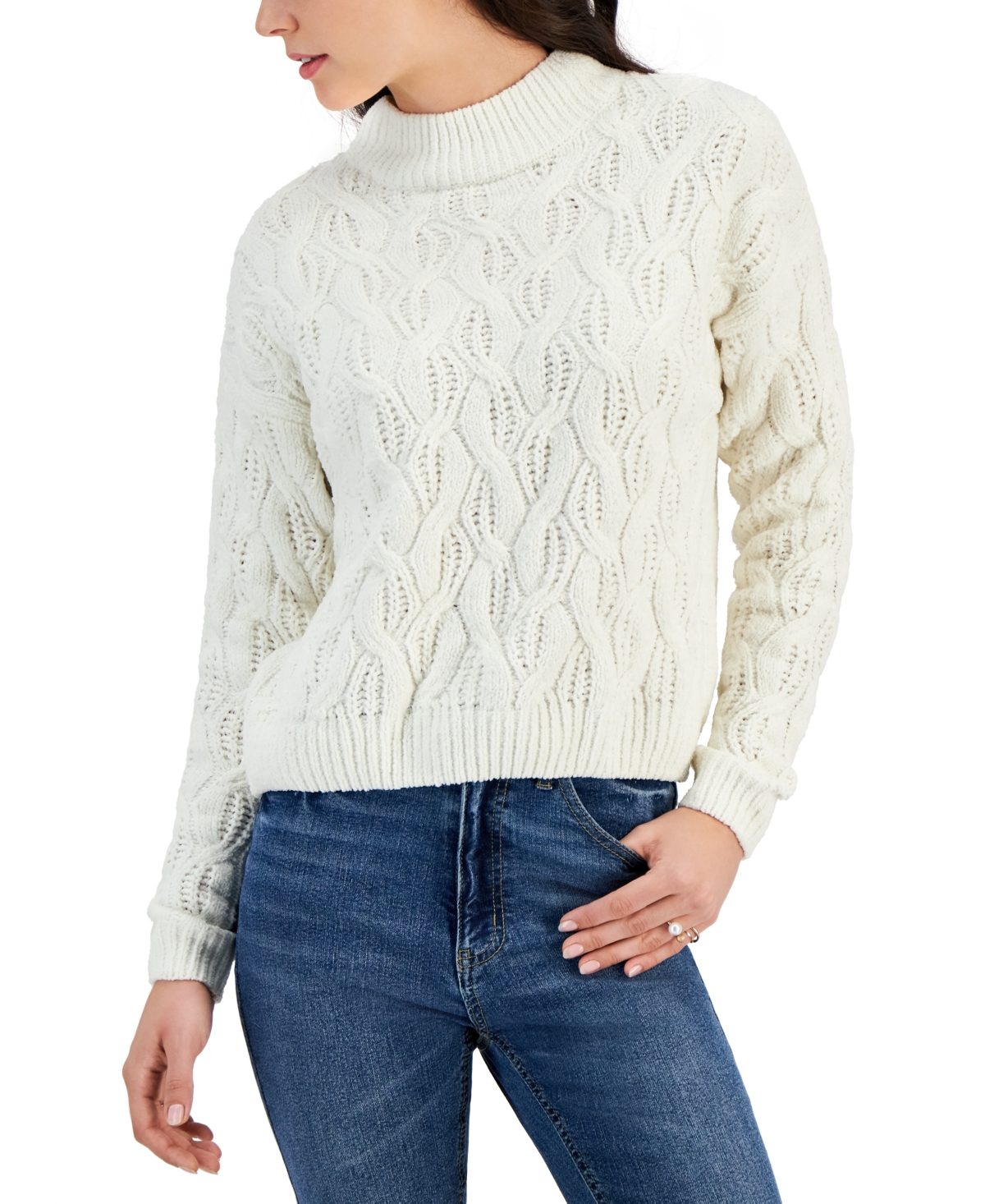 Juniors' Cable-Knit Chenille Sweater - Egret