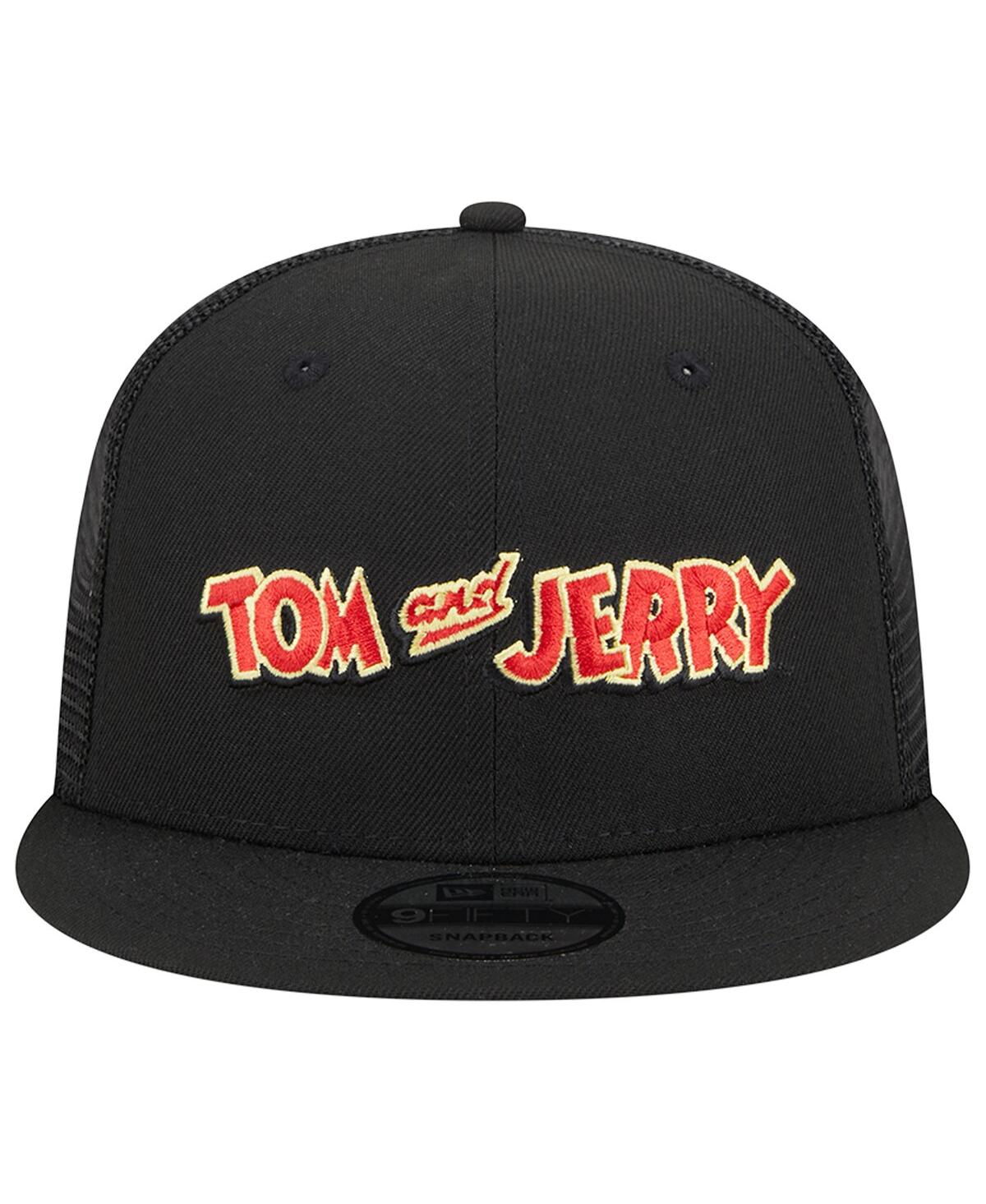 NEW ERA MEN'S NEW ERA BLACK TOM AND JERRY WORDMARK TRUCKER 9FIFTY SNAPBACK HAT 