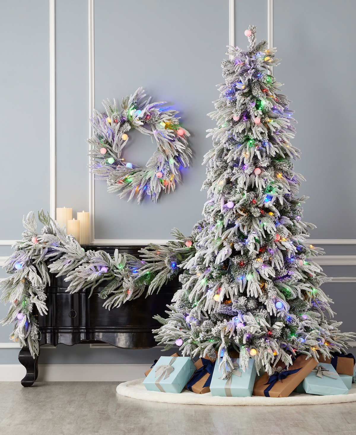 Seasonal Frosted Acadia Pre-Lit Full Flocked Pe Mixed Pvc Tree with Metal Stand, 3265 Tips, 400 Changing Led Lights