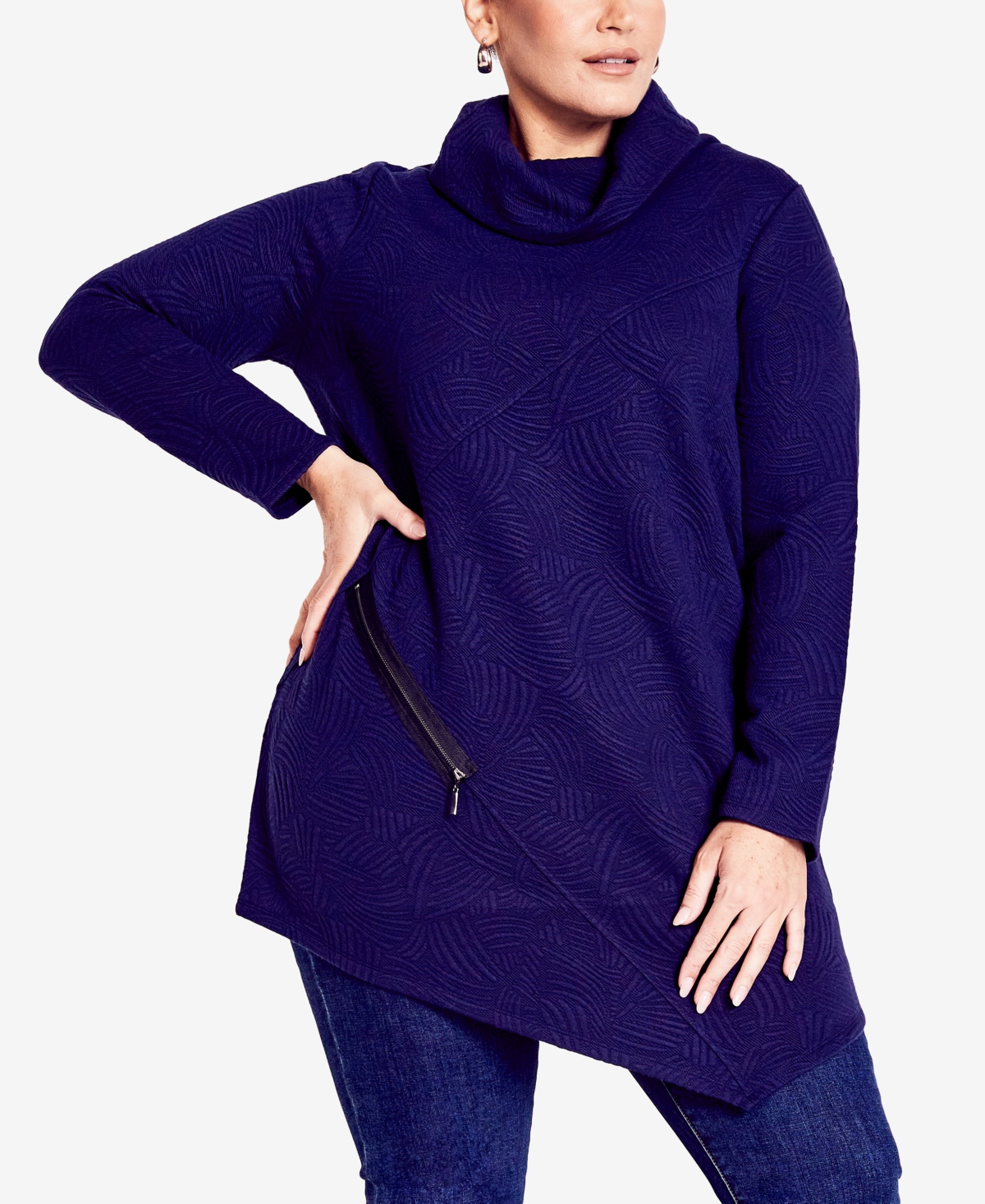 Avenue Plus Size Tilly Textured Cowl Neck Tunic Top In Navy