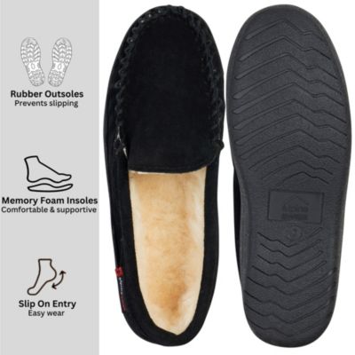 Men's Moccasin Slippers Genuine Suede House Shoe Memory Foam Insole Plush Faux Shearling Lining Comfy Indoor Outdoor Anti-Slip Rubber Sole