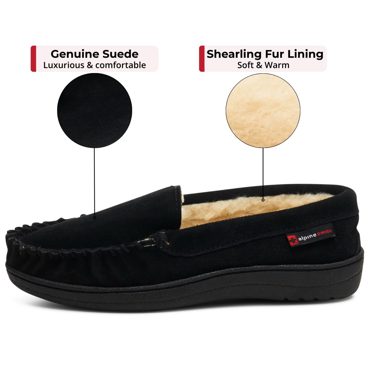 Мужские тапочки Alpine Swiss Moccasin Slippers Genuine Suede House Shoe Memory Foam Insole Plush Faux Shearling Lining Comfy Indoor Outdoor Anti-Slip Rubber Sole, цвет: Чёрный — фото 3