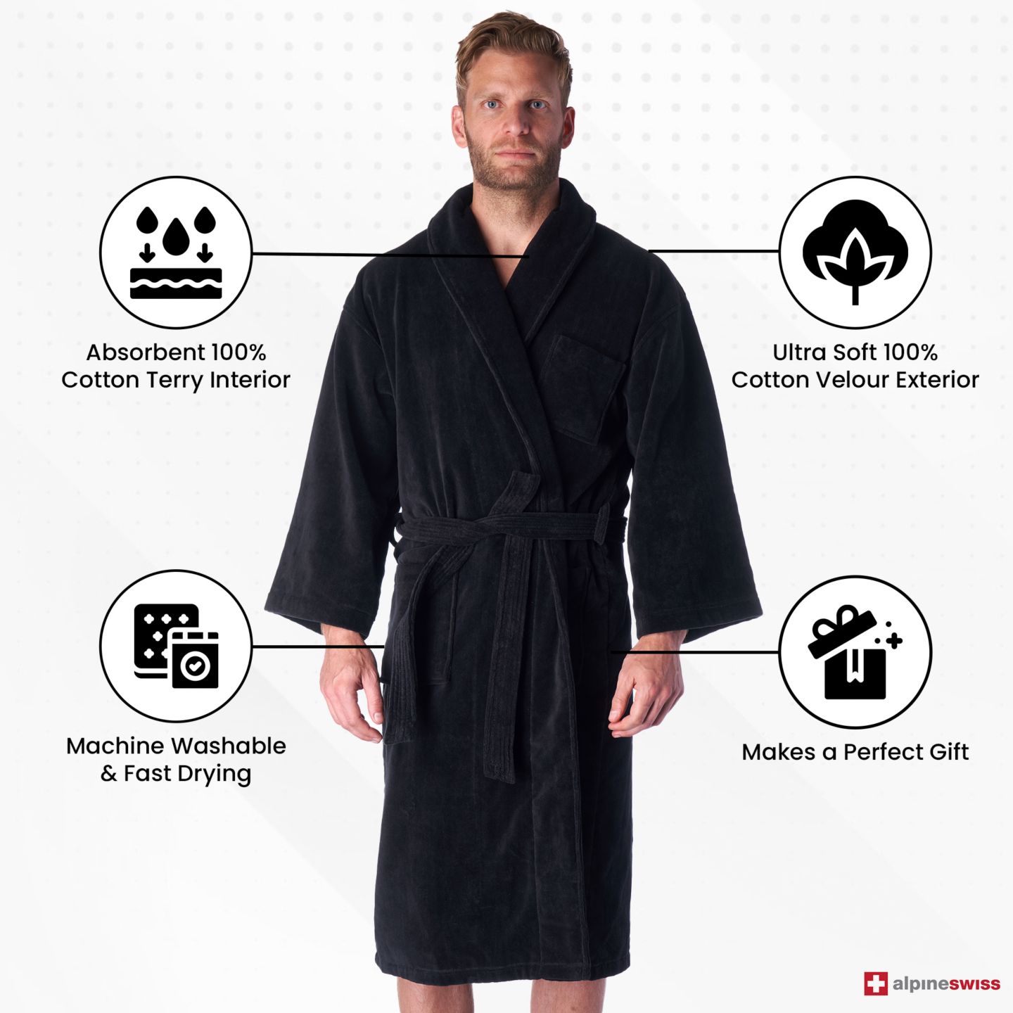 Халат Pure Spa для мужчин, хлопок, махра — Alpine Swiss, цвет: Чёрный — фото 6