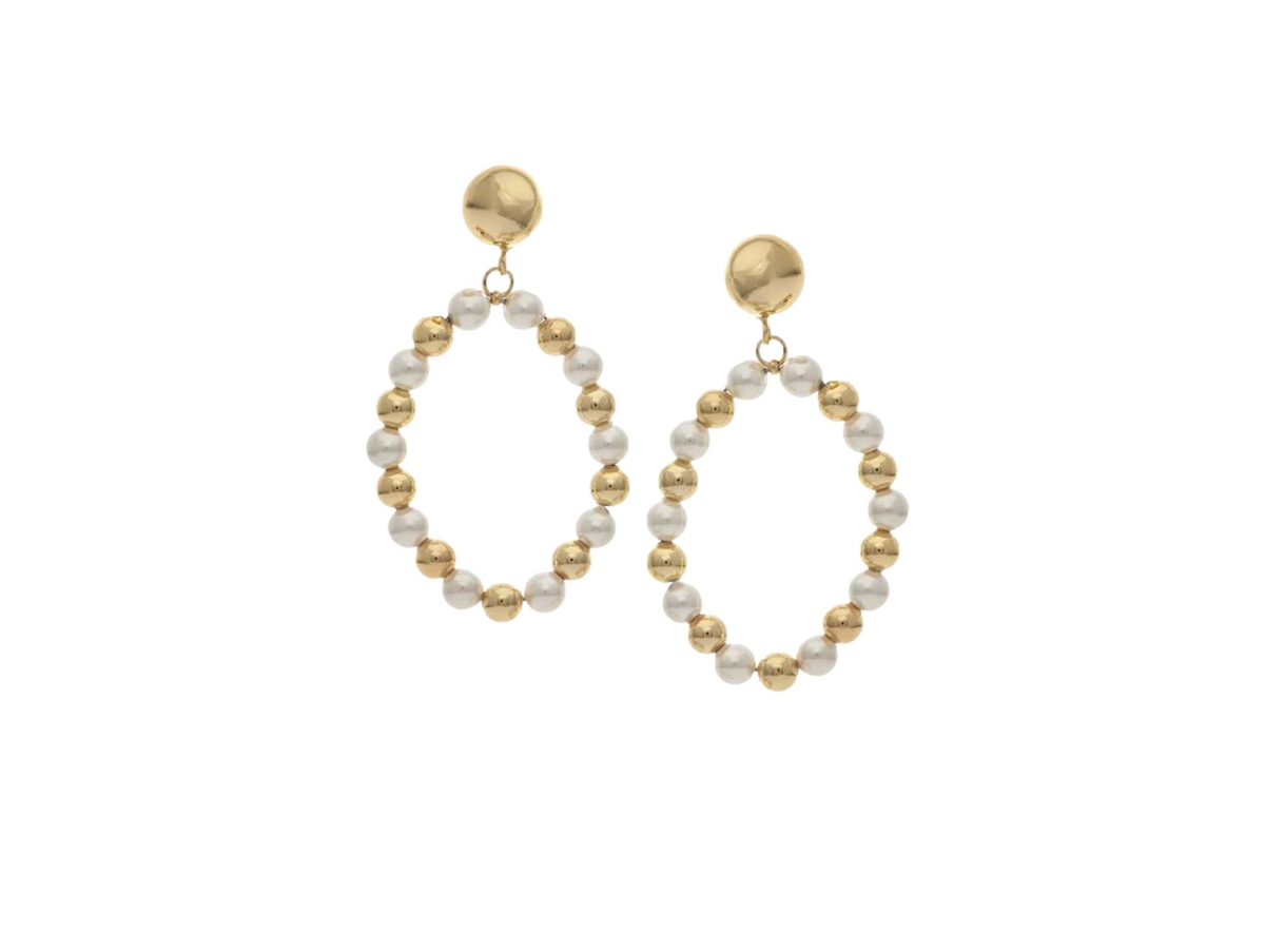 Pearl + Polished Bead Drop Earrings - Gold with white pearl