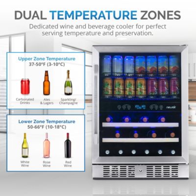 24" Built-in Dual Zone 20 Bottle and 70 Can Wine and Beverage Fridge in Stainless Steel with Split Shelf and Smooth Rolling Shelves