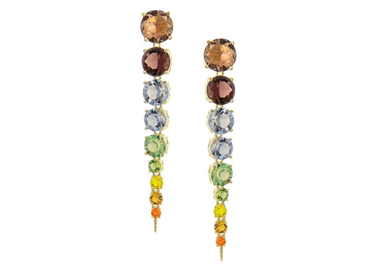Graduated Rainbow Crystal Multi Color Dangle Earrings - Gold with multi color crystals
