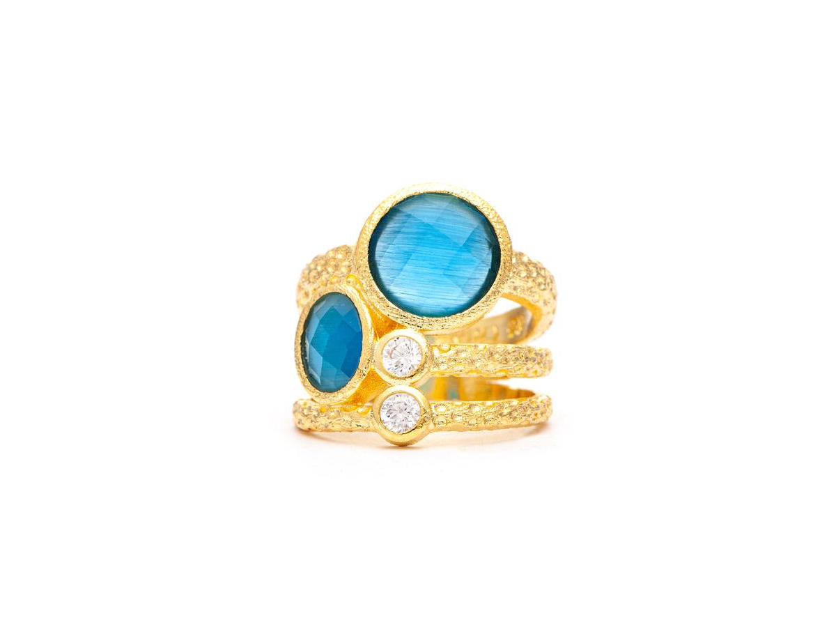 Turquoise Crystal and Cubic Zirconia Stack Band Ring - Gold and turquoise crystal