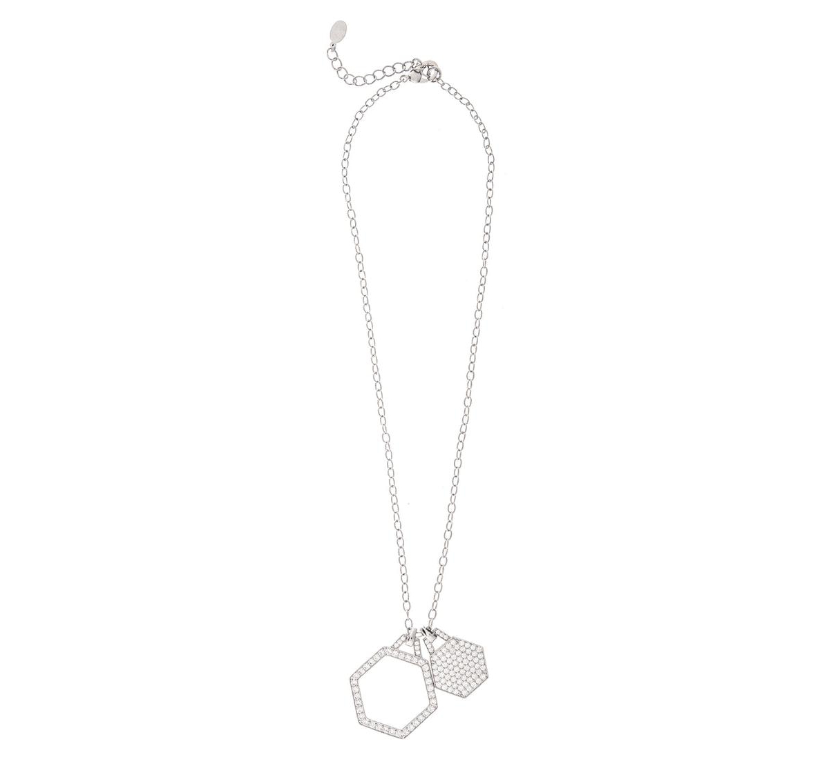 Rhodium Double Cubic Zirconia Hexagon Charm Necklace - Silver with clear cubic zirconia
