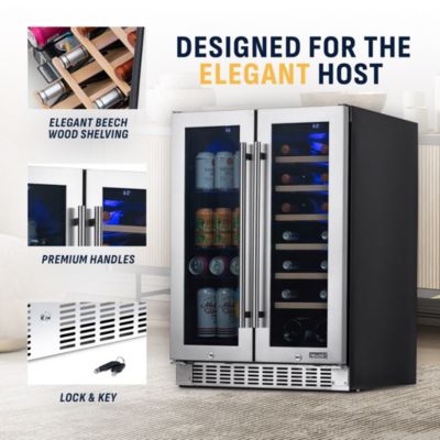 24 Inch Premium Built-in Dual Zone 20 Bottle and 60 Can French Door Wine and Beverage Fridge in Stainless Steel with SplitShelf