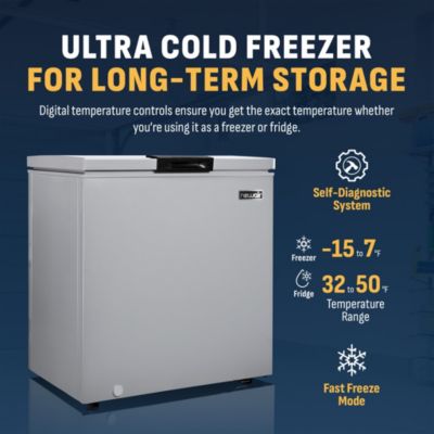 5 Cu. Ft. Mini Deep Chest Freezer and Refrigerator in Cool Gray with Digital Temperature Control, Fast Freeze Mode, Stay-Open Lid, Removable Storage Basket, Self-Diagnostic Program, and Door-Activated LED Light for Office, Kitchen, Garage