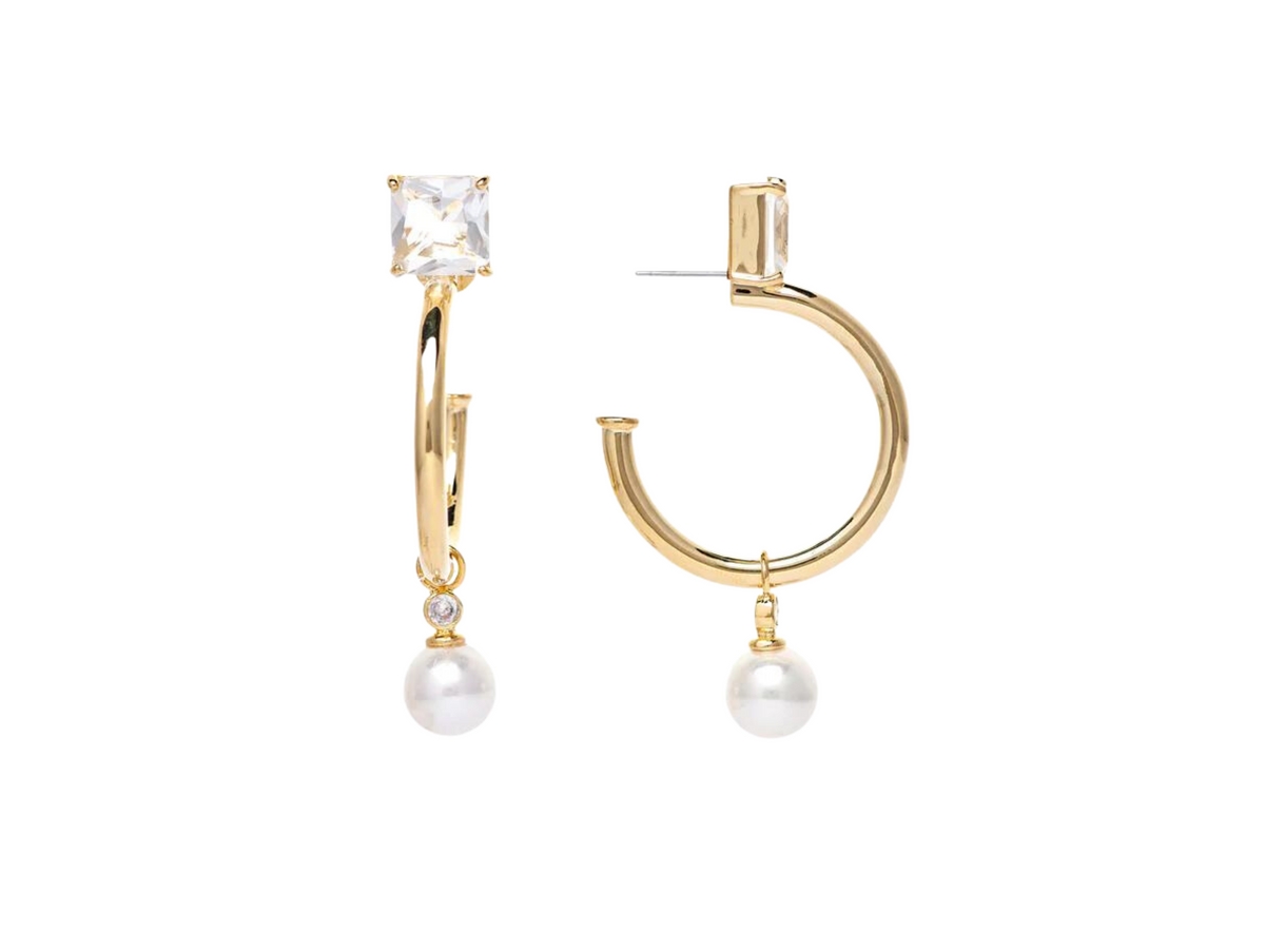 Cubic Zirconia Top + Pearl Dangle Hoop Earrings - Gold with white pearl