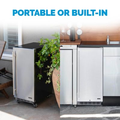 15" Built-in 90 Can Outdoor Beverage Fridge in Weatherproof Stainless Steel with Auto-Closing Door and Easy Glide Casters