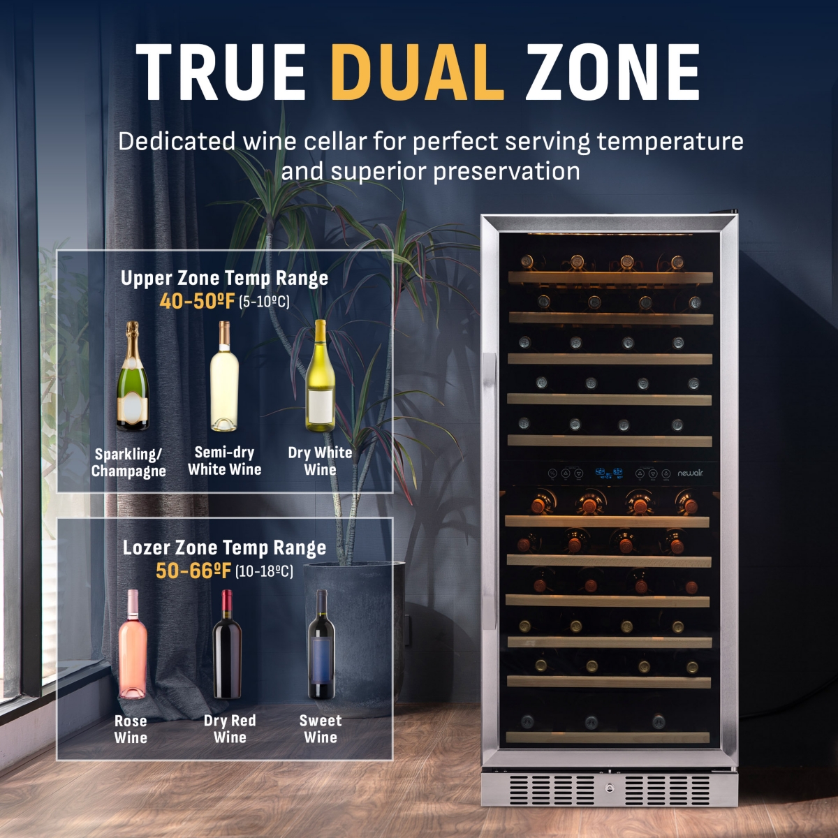 Newair 27" Built-in 116 Bottle Dual Zone Compressor Wine Fridge in Stainless Steel, Quiet Operation with Smooth Rolling Shelves
