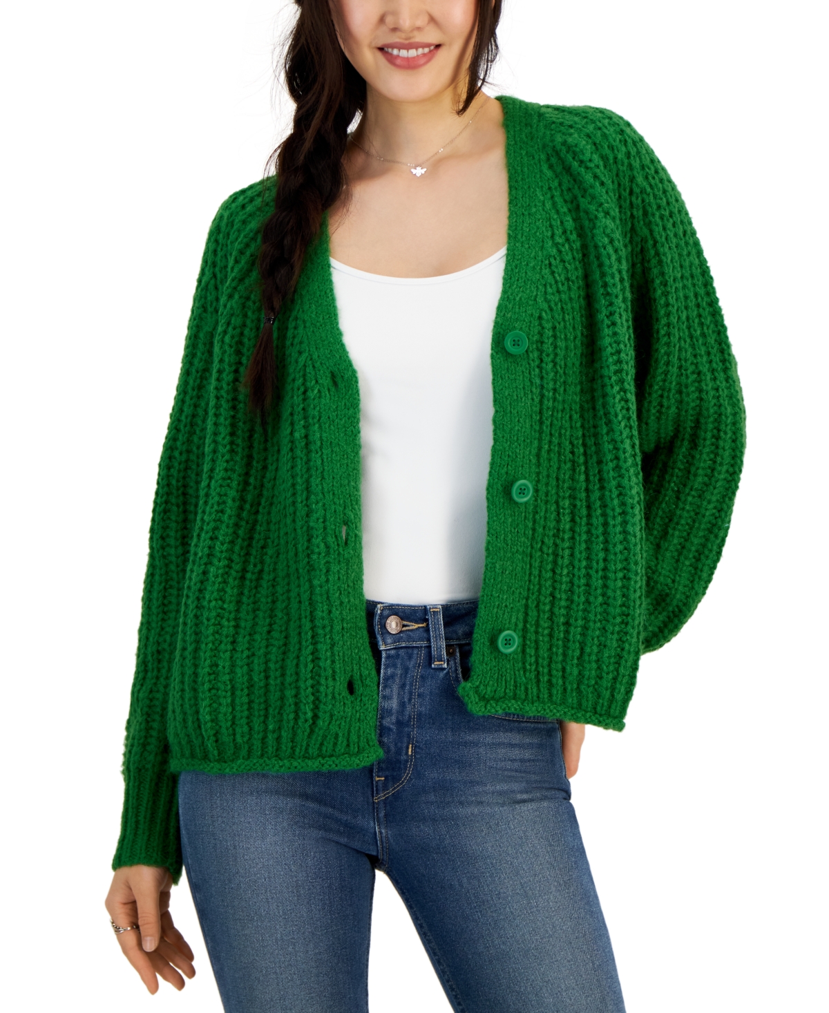 Hooked Up By Iot Juniors' Shaker-knit V-neck Cardigan In Emerald Jewel