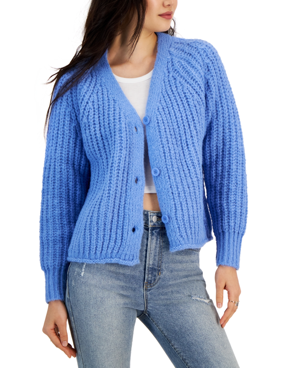 Hooked Up By Iot Juniors' Shaker-knit V-neck Cardigan In Cornflower Blue