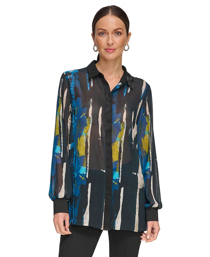 Women's Printed Long-Sleeve Button-Front Shirt