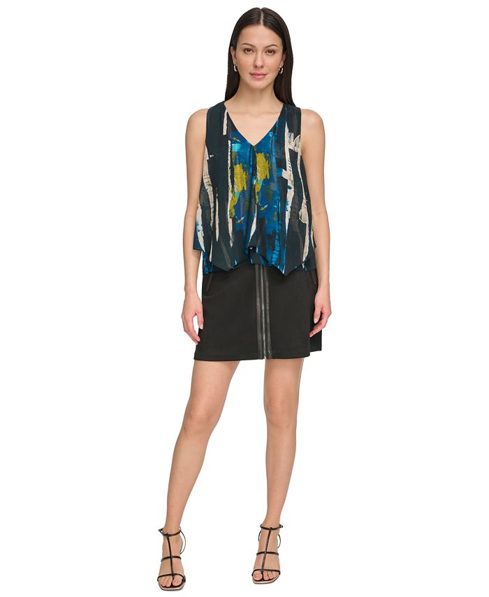 DKNY Women's Printed Cap-Sleeve Top WhiteSize Large
