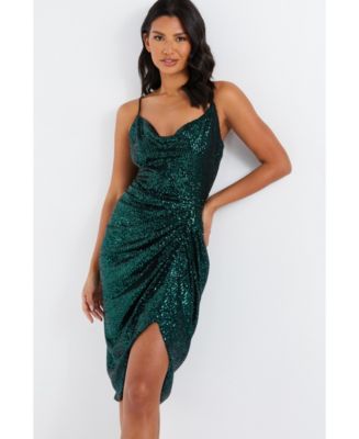 QUIZ Women's Cowl Strappy Sequin Ruched Midi Dress - Macy's