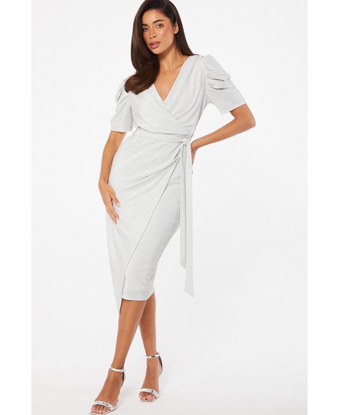 QUIZ Women's Lurex Puff Sleeve Wrap Midi Dress - Macy's