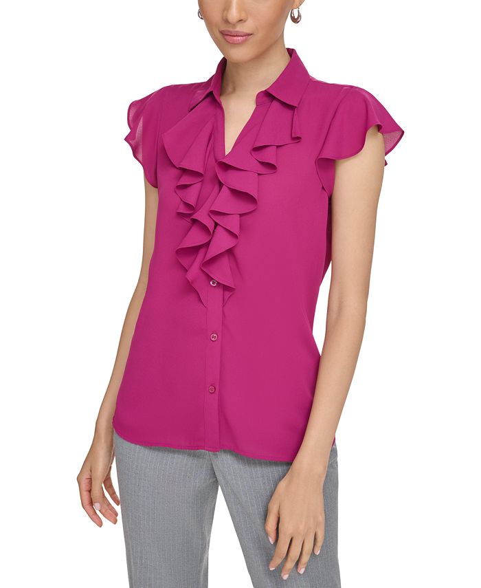 Calvin Klein Petite Ruffle-Trim Flutter-Sleeve Button-Up Blouse - Macy's