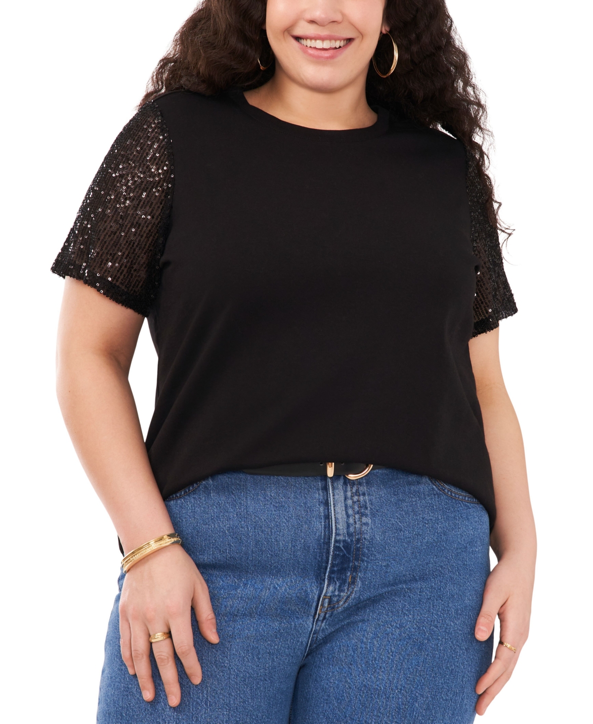 Vince Camuto Plus Size Sequined-sleeve Knit Top In Rich Black