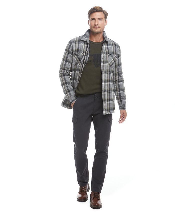 Men s Sherpa Lined Flannel Shirt Jacket Skull Crew Neck Sweater and Cargo Pants Collection