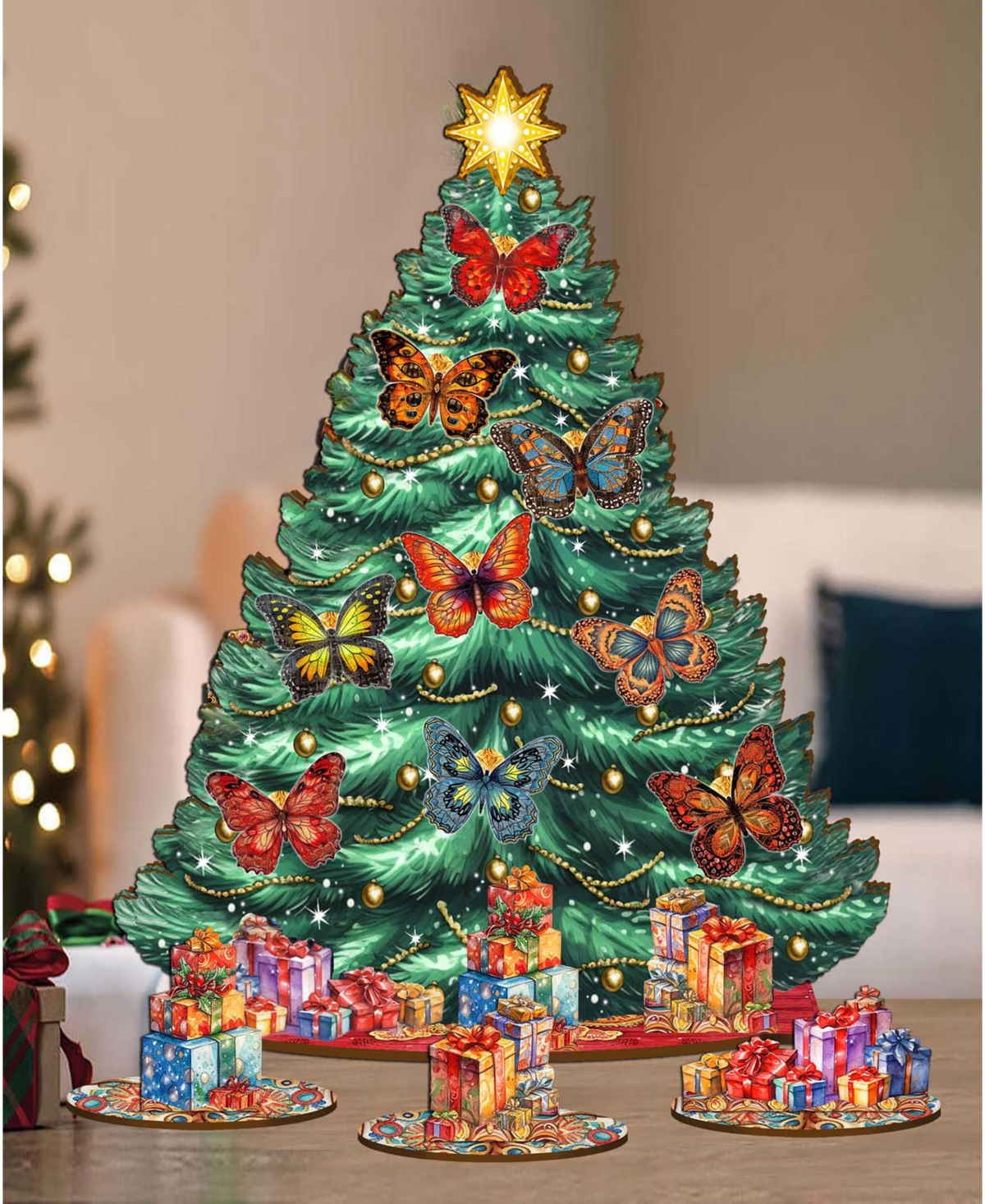 Designocracy Butterfly Themed Wooden Christmas Tree With Ornaments Set Of 13 G. Debrekht In Multi Color