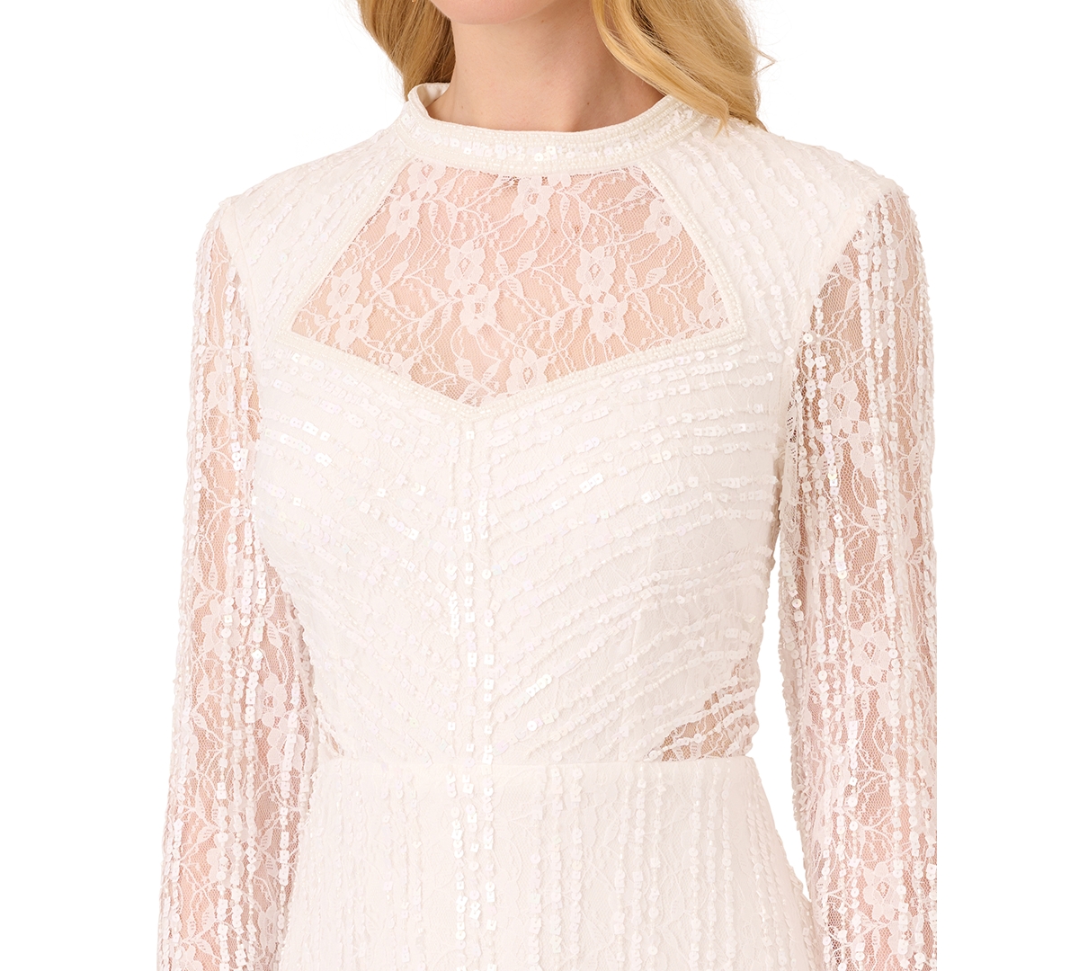 Shop Adrianna Papell Women's Illusion Cutout Beaded Lace Dress In Ivory