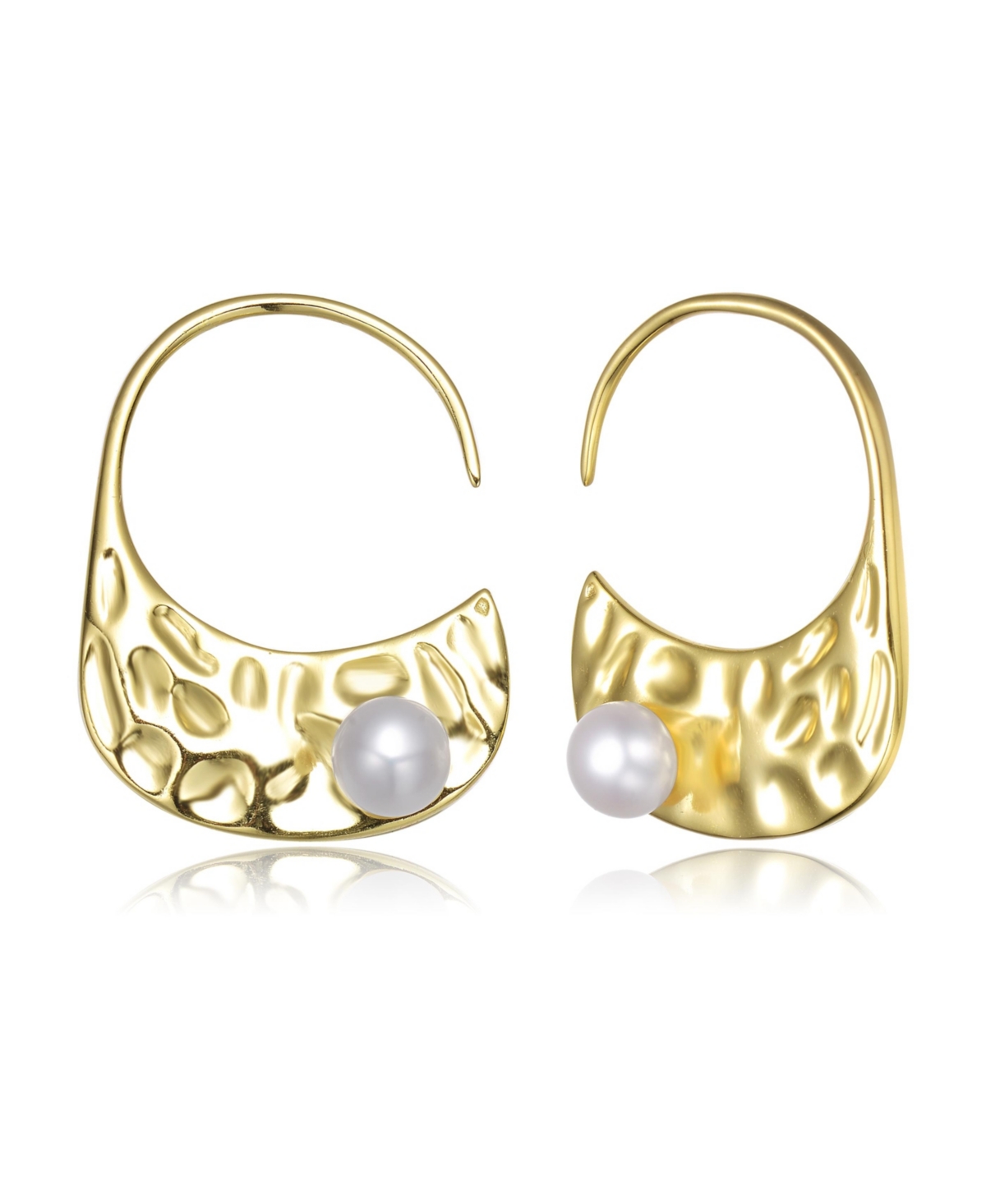 Sterling Silver 14K Gold Plated with Genuine Freshwater Round Pearl Hoop Earrings - Gold