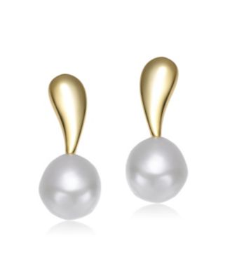 Sterling Silver 14K Gold Plated with Genuine Freshwater Round Pearl Stud Earrings