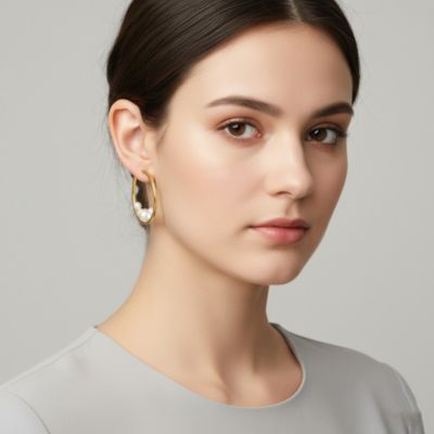 Sterling Silver 14k Yellow Gold Plated with White Freshwater Pearl Cluster 3/4 C-Hoop Earrings