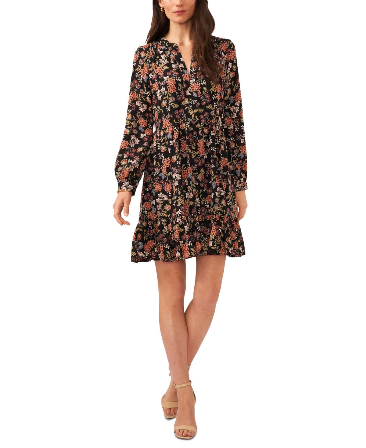 Vince Camuto Women's Floral Printed Long Sleeve Split Neck Baby Doll Dress In Rich Black