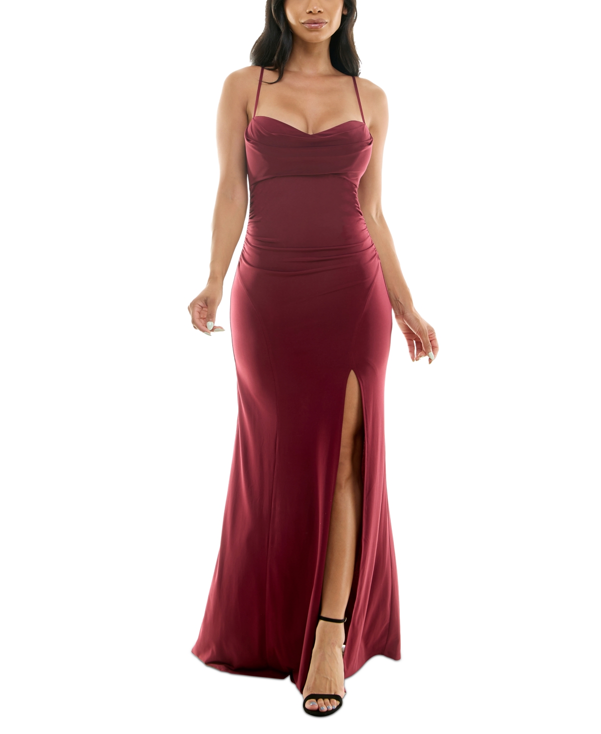 Juniors' Cowlneck Ruched Gown - Burgundy