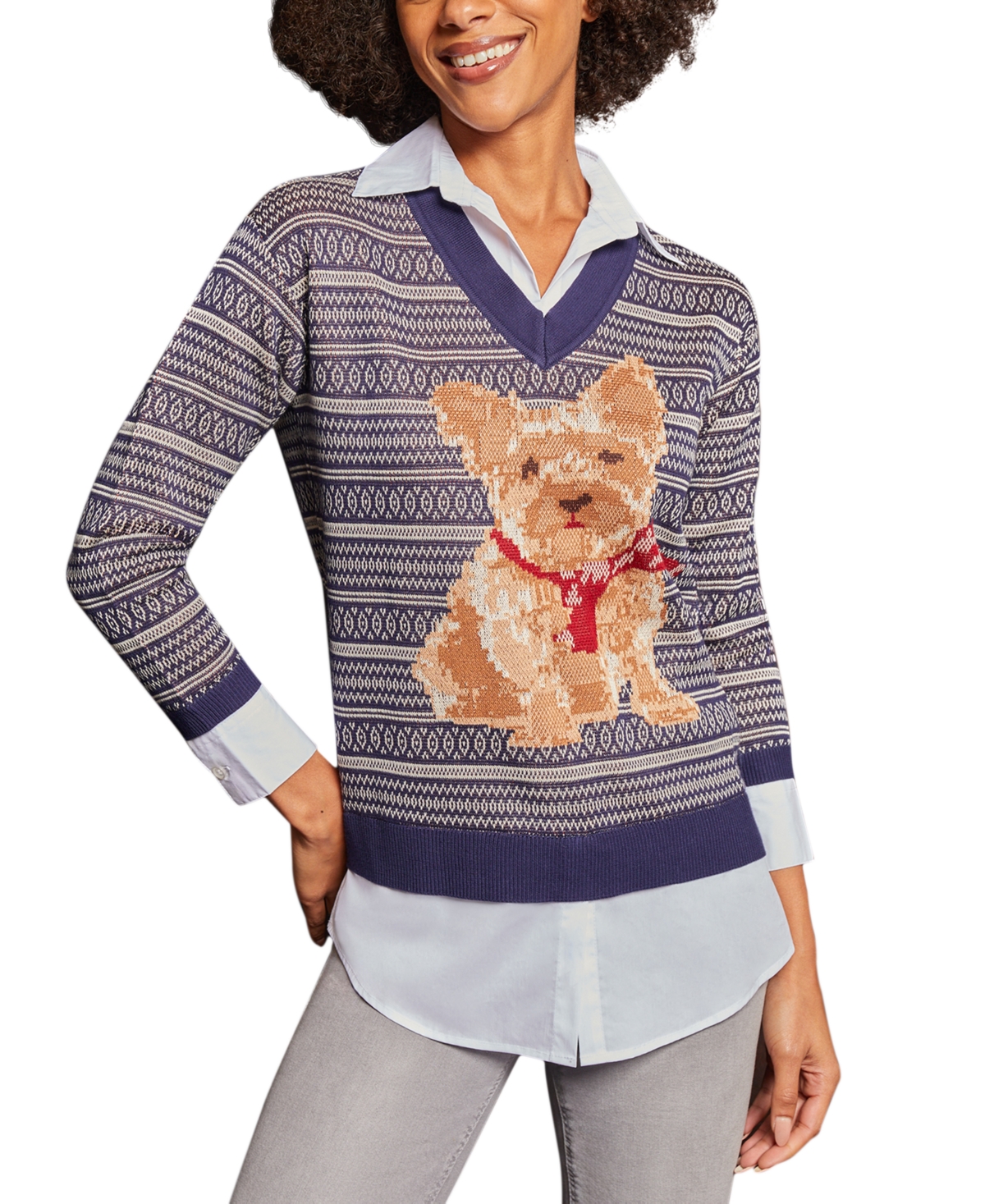 Shop Jones New York Women's Dog Scarf Layered-look V-neck Sweater In Pacific Navy Multi