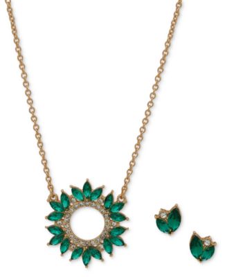 Anne Klein - Gold-Tone Crystal & Green Stone Cluster Pendant Necklace & Stud Earrings Set