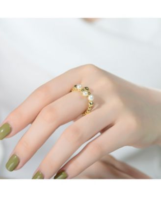 Sterling Silver 14K Gold Plated Genuine Freshwater Pearl and Cubic Zirconia Adjustable Ring