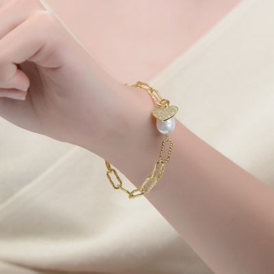 Sterling Silver 14K Gold Plated Genuine Freshwater Pearl and Cubic Zirconia Lobster Claw Link Bracelet