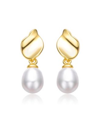 Sterling Silver 14k Yellow Gold Plated with Oval White Freshwater Pearl Seashell Design Double Dangle Earrings