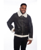 Men's Shearling Belted Pilot Jacket, Silky Black with White Wool - Black